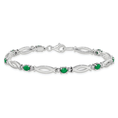7 Inch Sterling Silver Rhodium-Plated Emerald And Diamond Bracelet