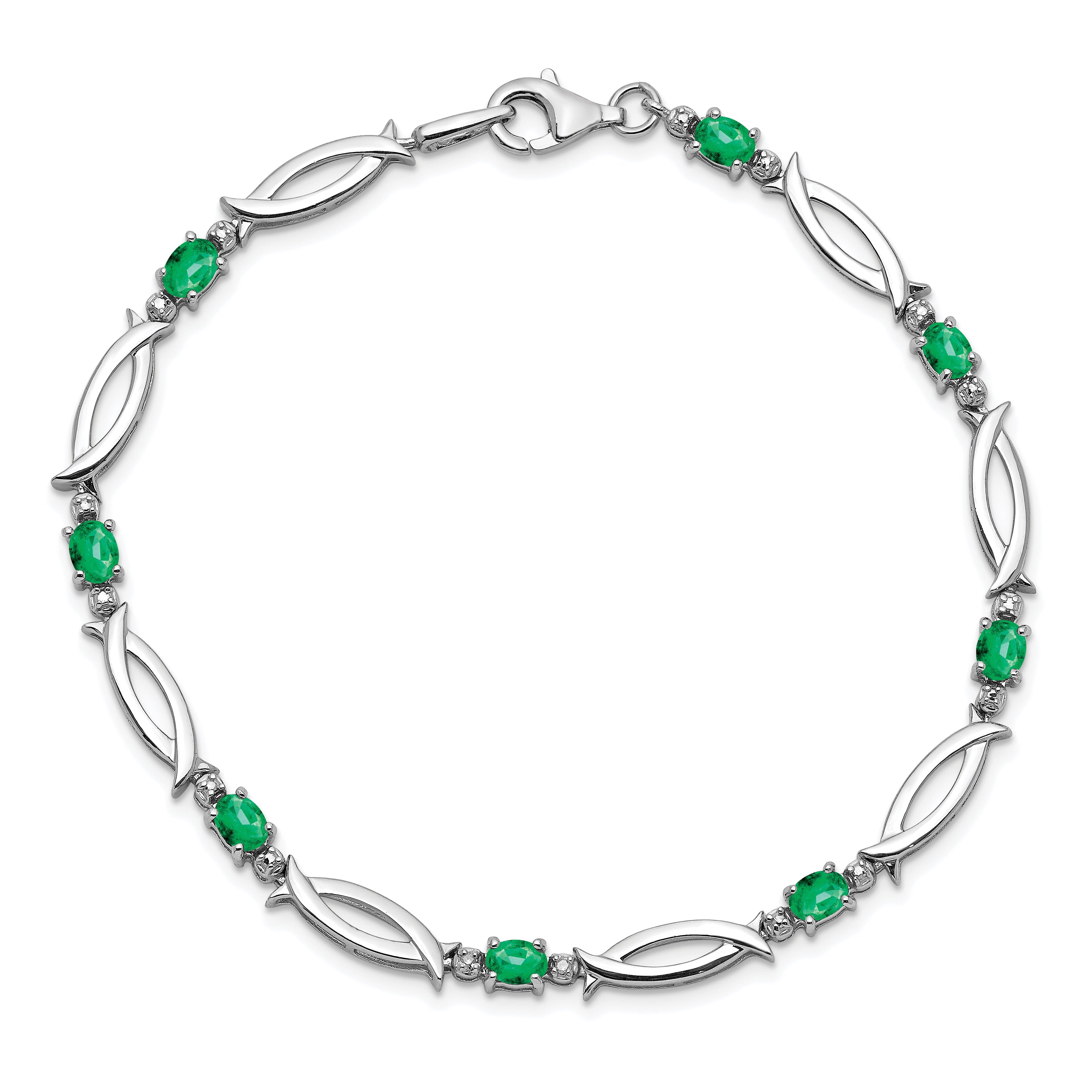 7 Inch Sterling Silver Rhodium-Plated Emerald And Diamond Bracelet