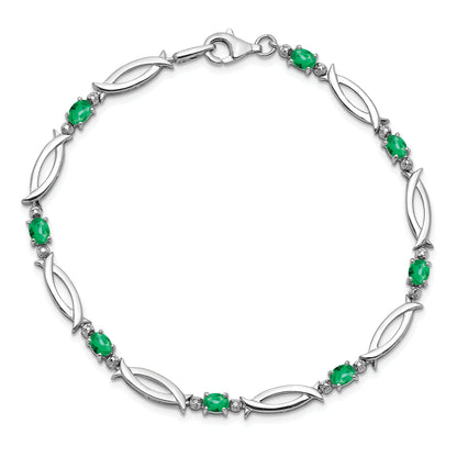 7 Inch Sterling Silver Rhodium-Plated Emerald And Diamond Bracelet
