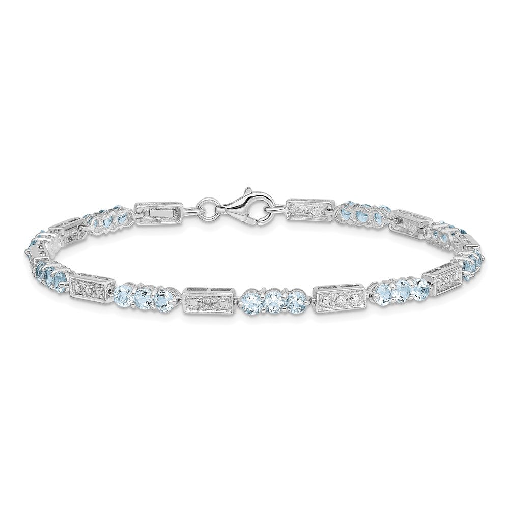 7 Inch Sterling Silver Rhodium-Plated Aquamarine And Diamond Bracelet