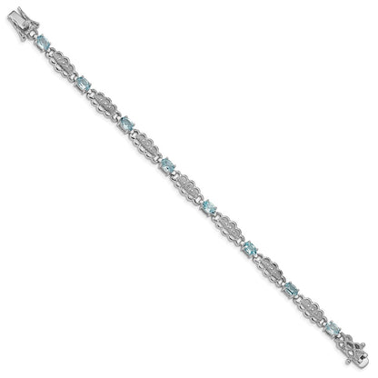7 Inch Sterling Silver Rhodium-Plated Aquamarine & Diamond Bracelet