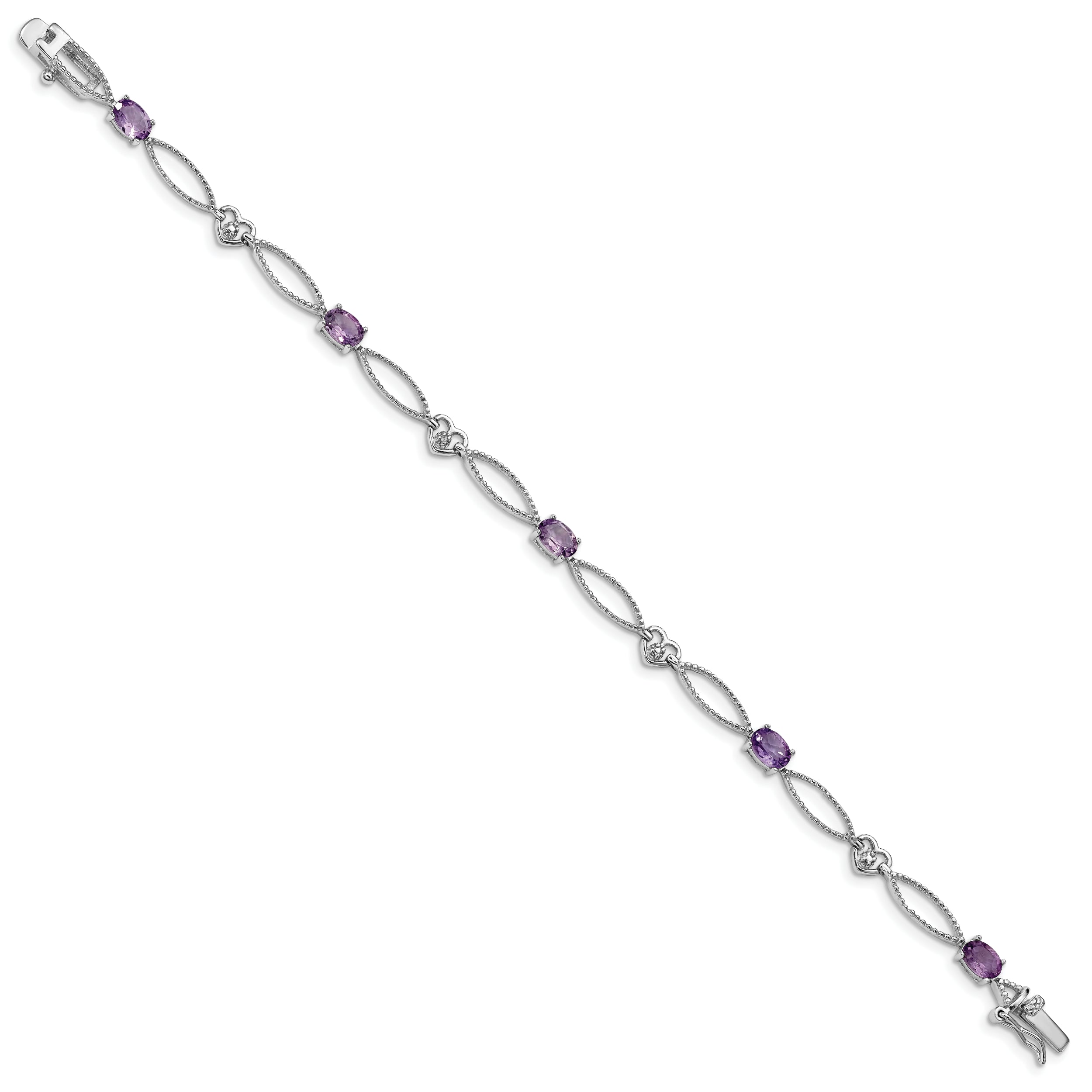 7 Inch Sterling Silver Rhodium-Plated Diamond & Amethyst Oval D/C Bracelet