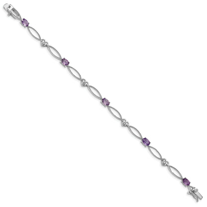 7 Inch Sterling Silver Rhodium-Plated Diamond & Amethyst Oval D/C Bracelet