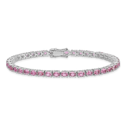 7.5 Inch Sterling Silver Rhodium-Plated Oval Pink Sapphire 7.5In Bracelet