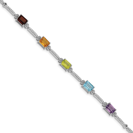 Sterling Silver Rhodium-Plated Multi Gemstone & Diamond Tennis Bracelet