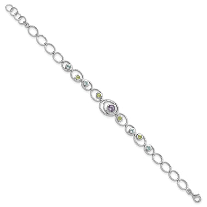 Sterling Silver Rhodium-Plated W/Peridot, Blue Topaz &Amethyst Bracelet