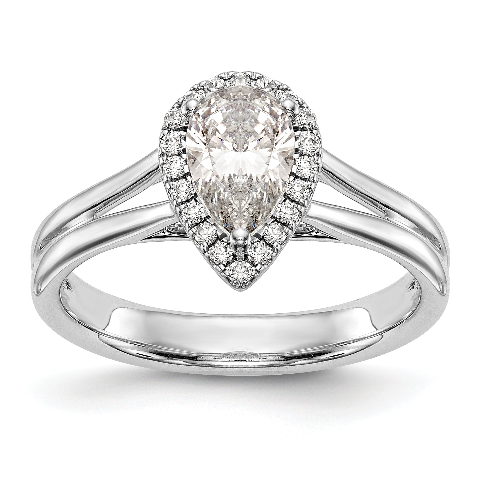 14kw Pear Halo Simulated Diamond Split Shank Engagement Ring
