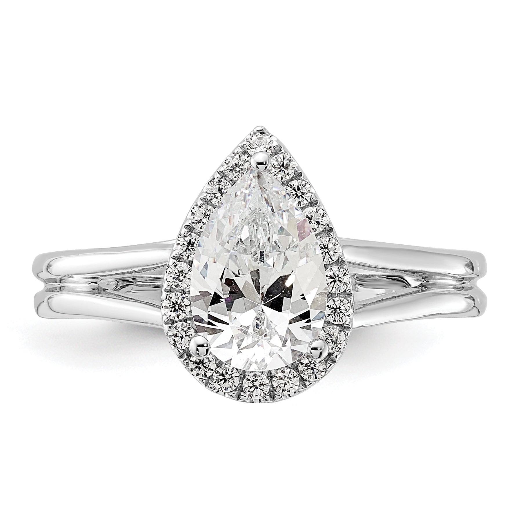 14kw Pear Halo Simulated Diamond Split Shank Engagement Ring