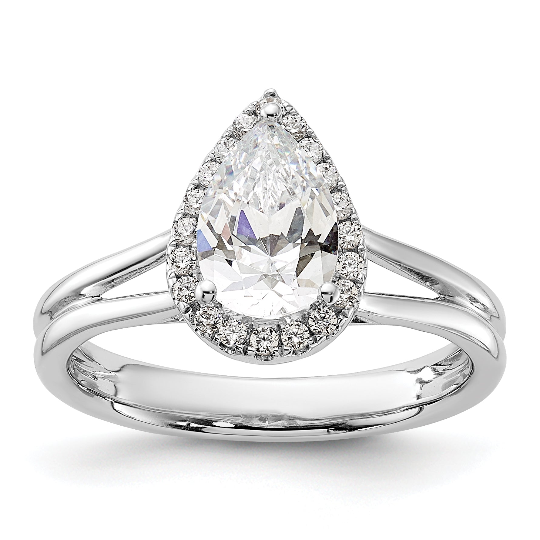14kw Pear Halo Simulated Diamond Split Shank Engagement Ring