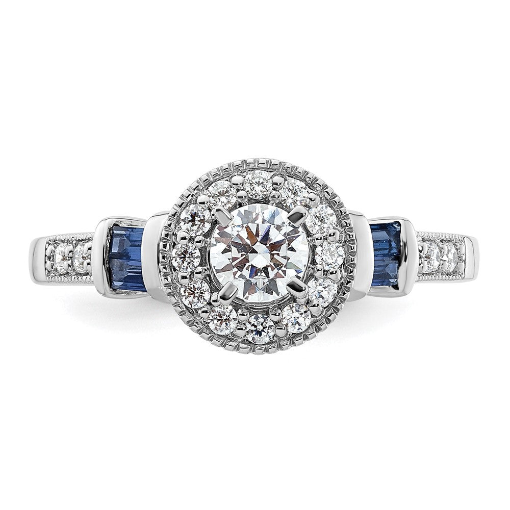 14k White Gold 1/2 Ct. Lab Grown Diamond VS/SI+ G+ and Created Sapphire Round Halo Engagement Ring