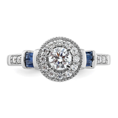 14k White Gold 1/2 Ct. Lab Grown Diamond VS/SI+ G+ and Created Sapphire Round Halo Engagement Ring