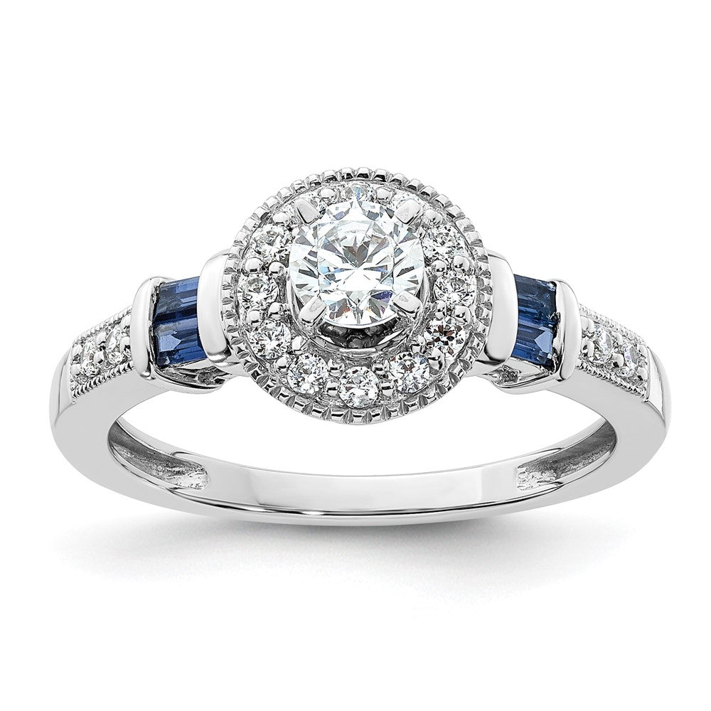14k White Gold 1/2 Ct. Lab Grown Diamond VS/SI+ G+ and Created Sapphire Round Halo Engagement Ring