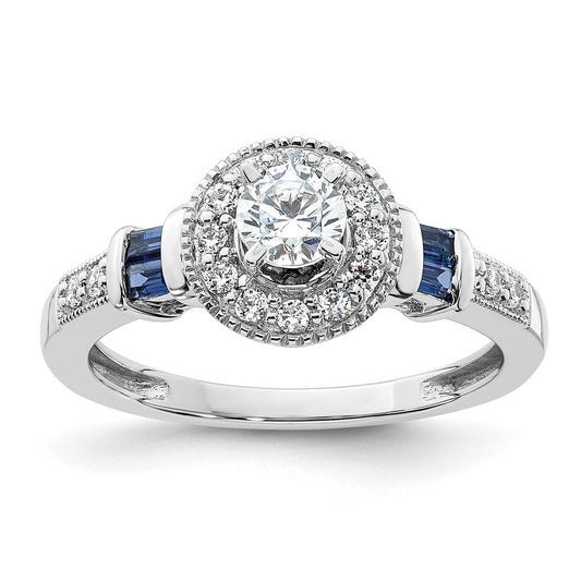 14k White Gold 1/2 Ct. Lab Grown Diamond VS/SI+ G+ and Created Sapphire Round Halo Engagement Ring