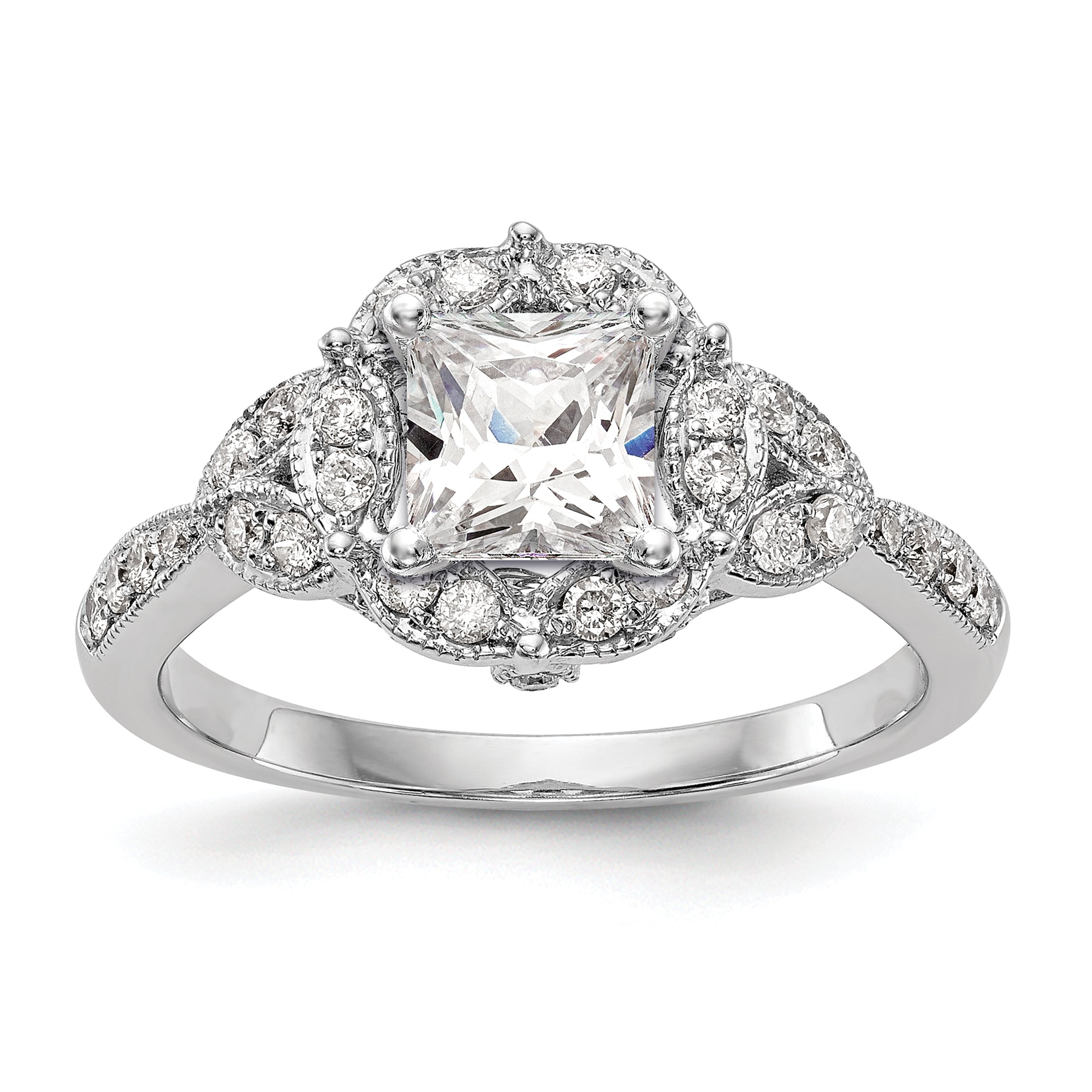 14KW Peg Set Simulated Diamond Round Halo Engagement Ring