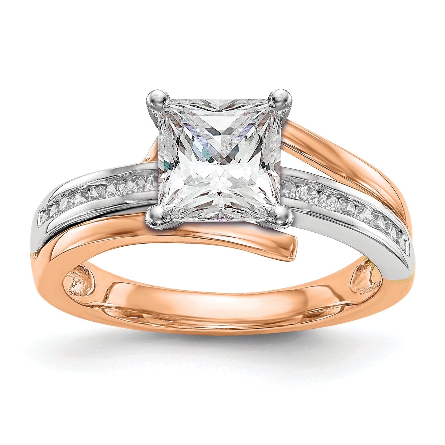 14k Two tone Rose Gold Peg Set Simulated Diamond By Pass Engagement Ring