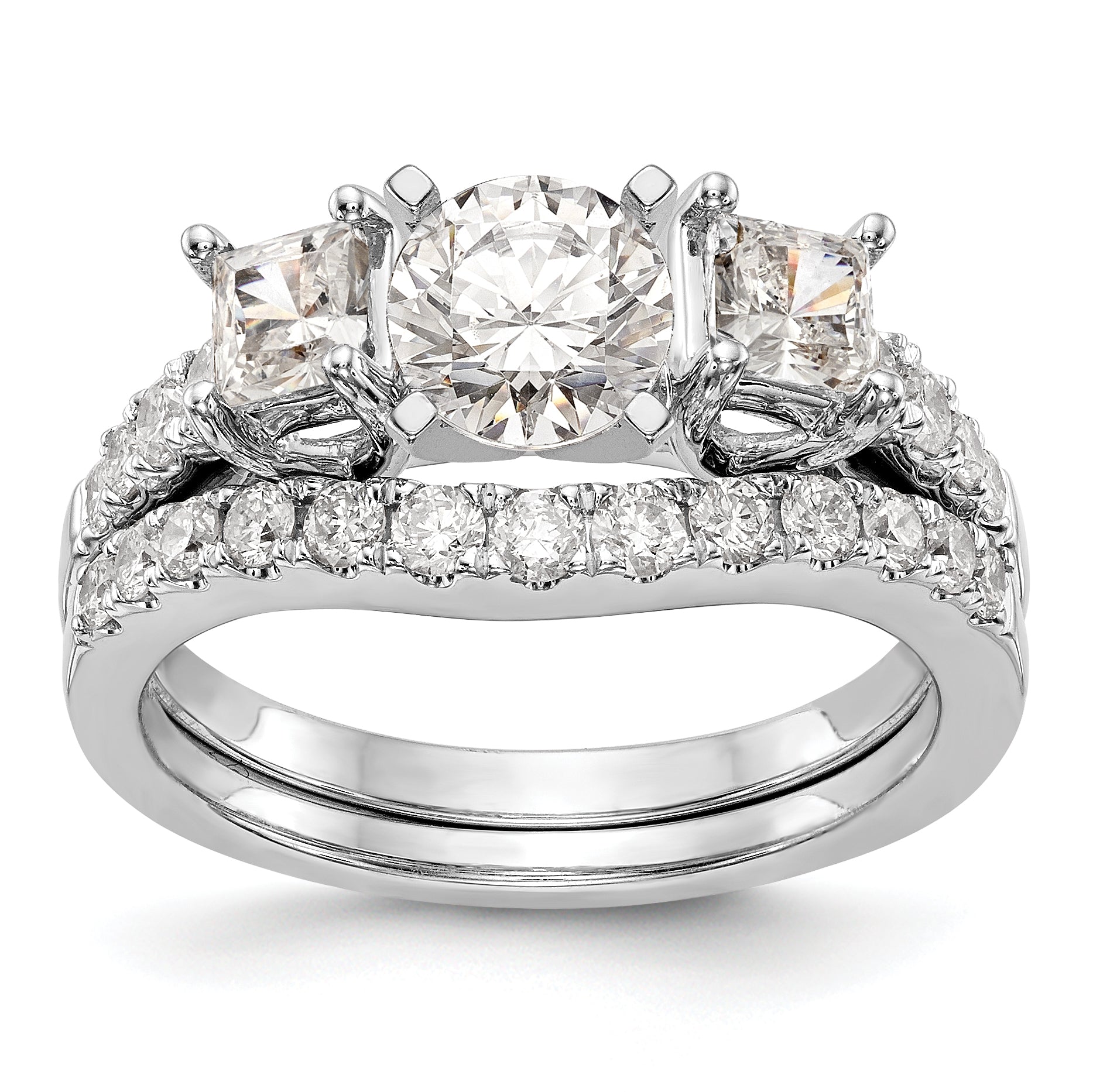 14K White Gold 3 Stone Plus Peg Set Center Semi Mount Princess Diamond Engagement Ring