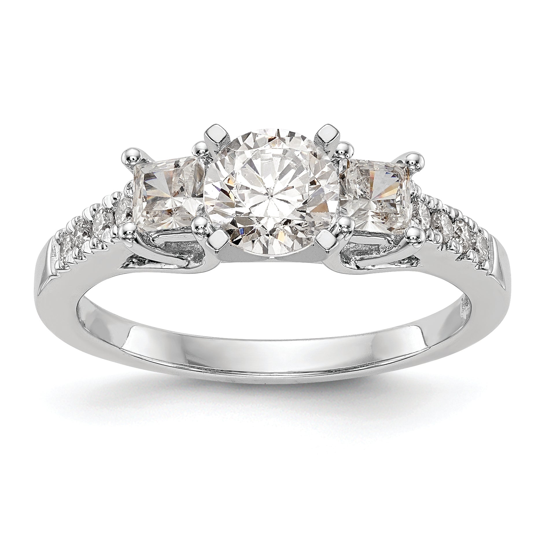 14K White Gold 3 Stone Plus Peg Set Center Princess Diamond Semi Mount Engagement Ring