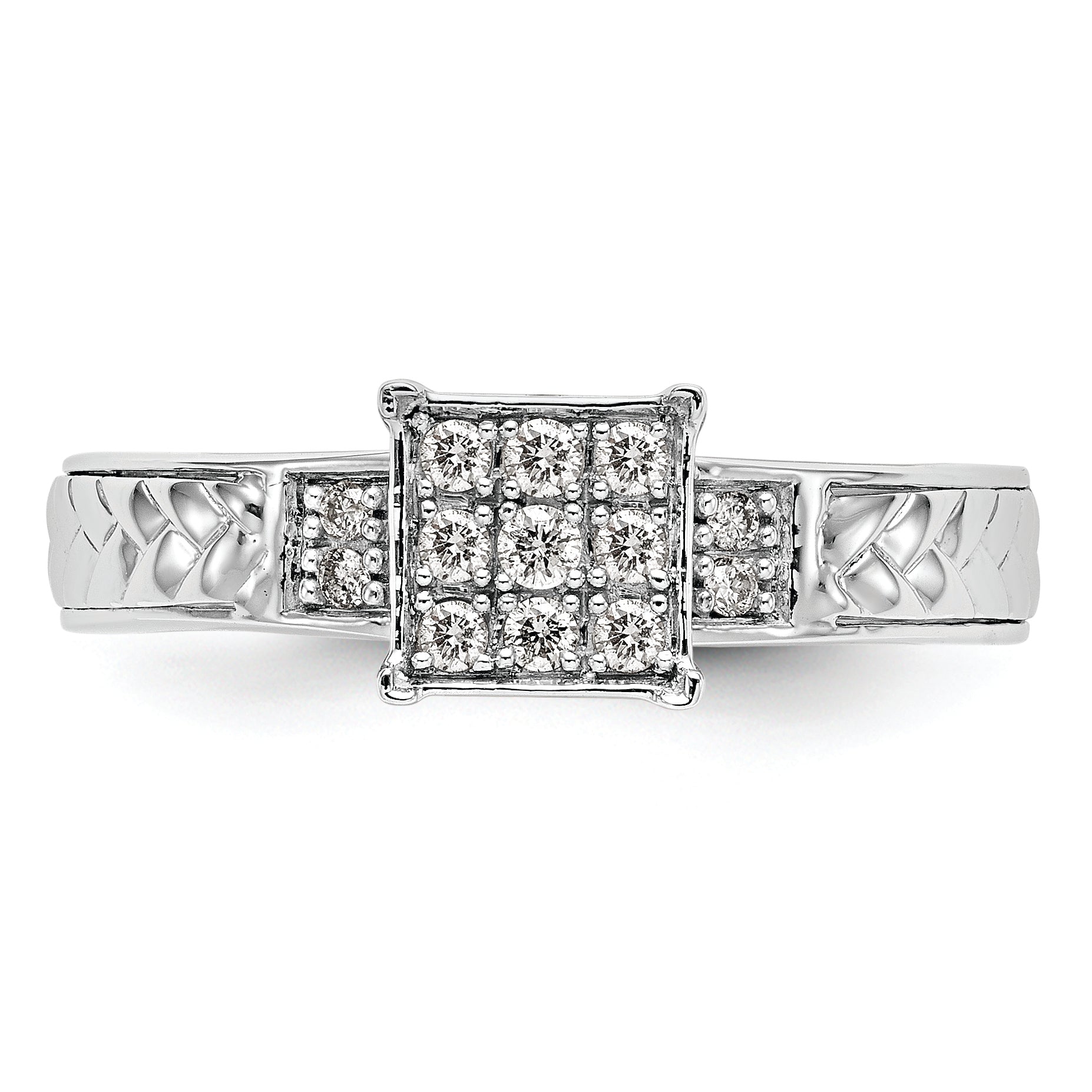 10K White Gold Square Cluster 1/6 Carat Diamond Trio Complete Engagement Ring