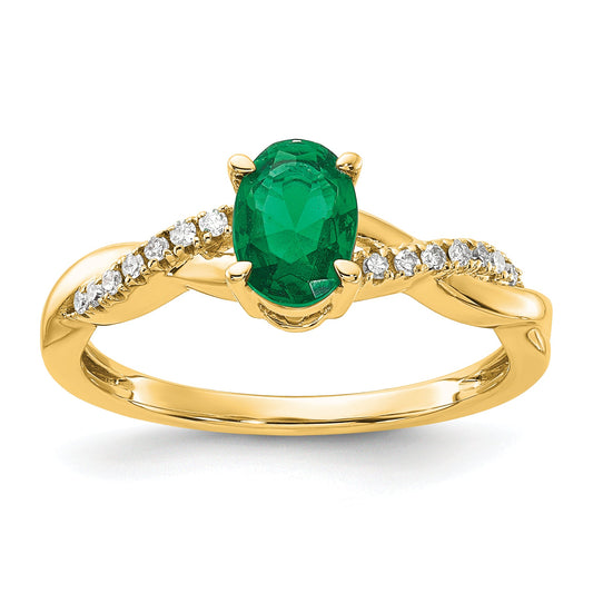 10K Yellow Gold Oval Created Emerald And Diamond Ring