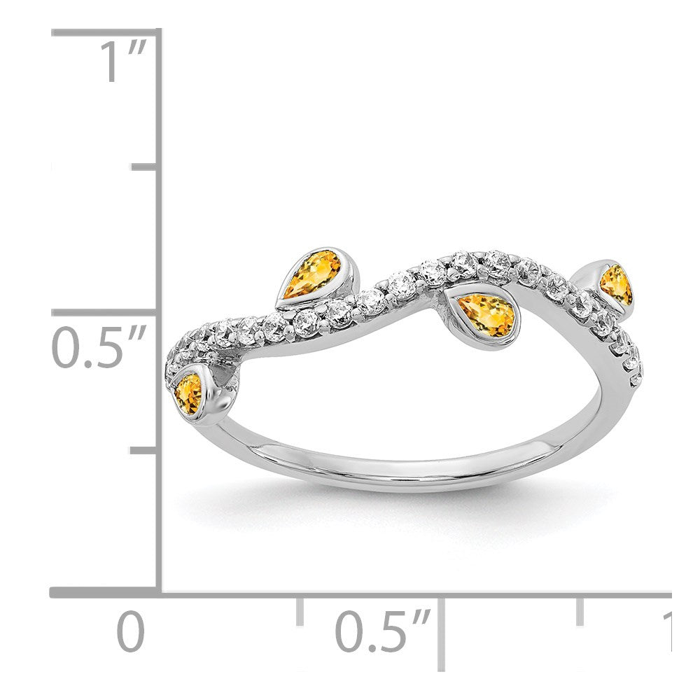 14k White Gold Real Diamond and Pear Citrine Curved Ring