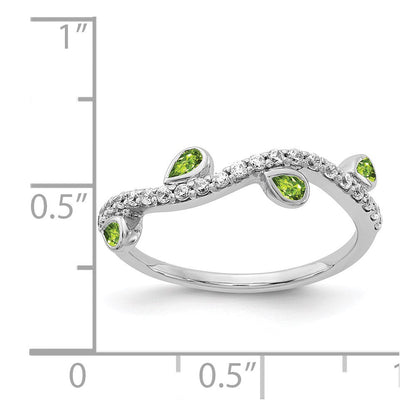 14k White Gold Real Diamond and Pear Peridot Curved Ring