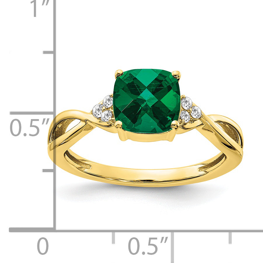 10K Yellow Gold Checkerboard Created Emerald And Diamond Ring