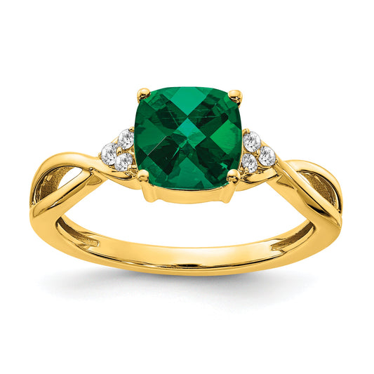 10K Yellow Gold Checkerboard Created Emerald And Diamond Ring