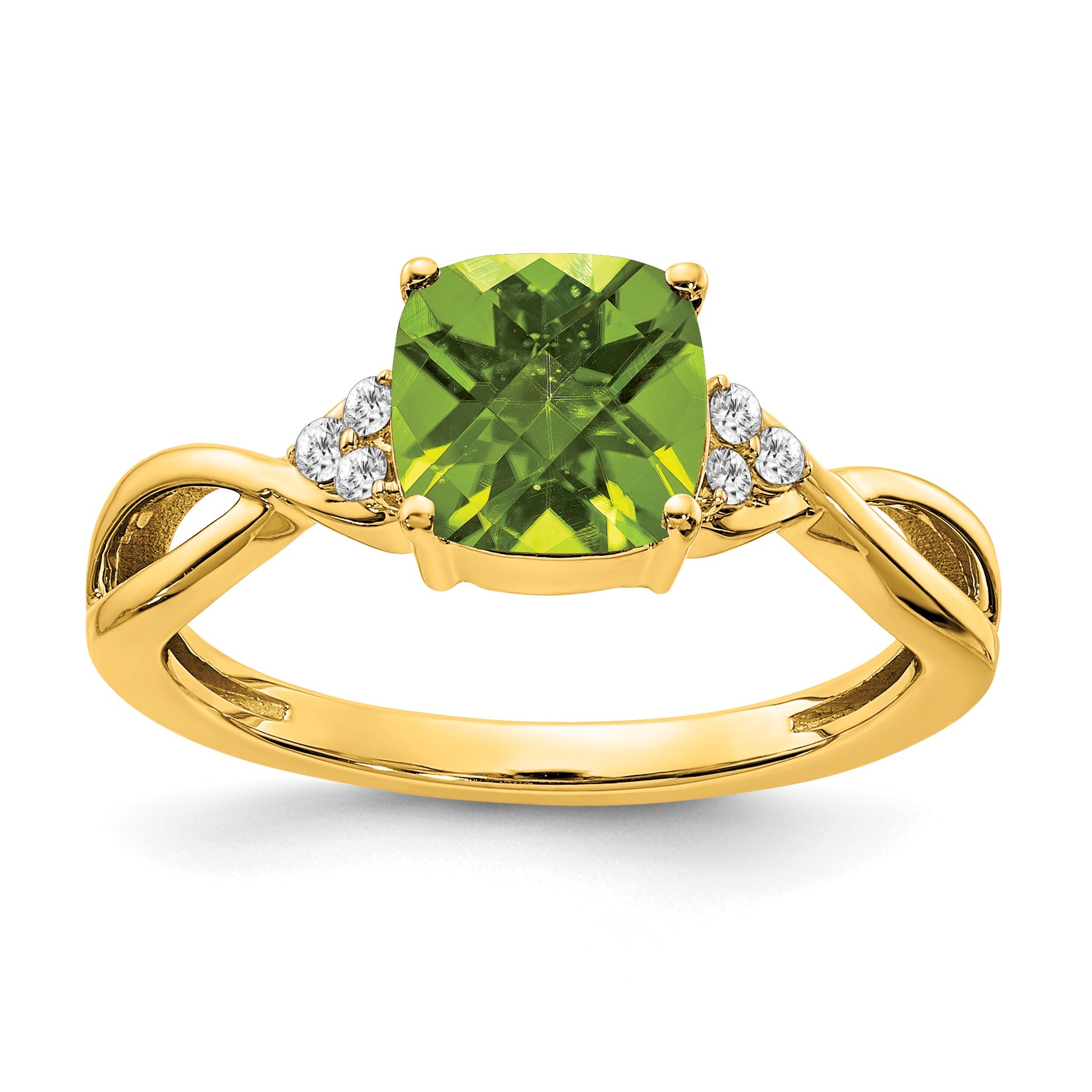 10K Yellow Gold Checkerboard Peridot And Diamond Ring