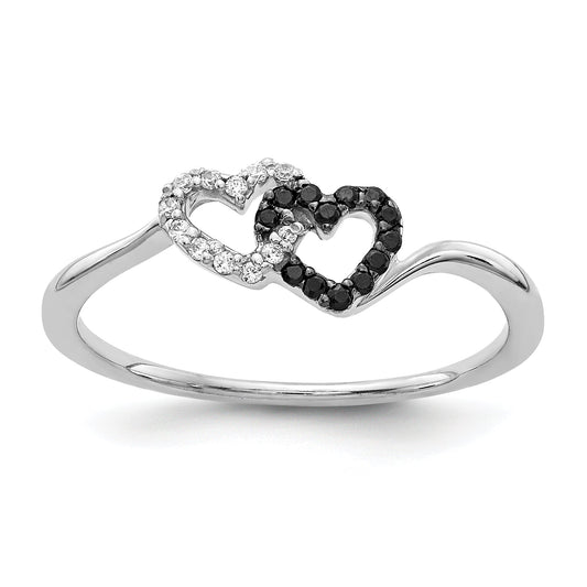 14K White Gold Black And Diamond Double Heart Ring