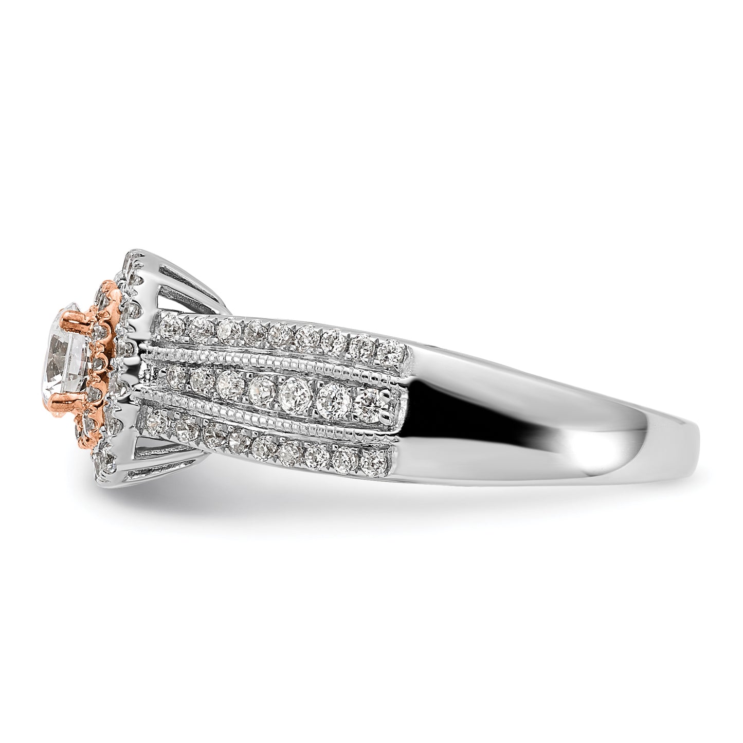 14k Two-Tone Rose and White Gold 7/8 Ct. Lab Grown Diamond VS/SI+ G+ Round Fancy Halo Engagement Ring