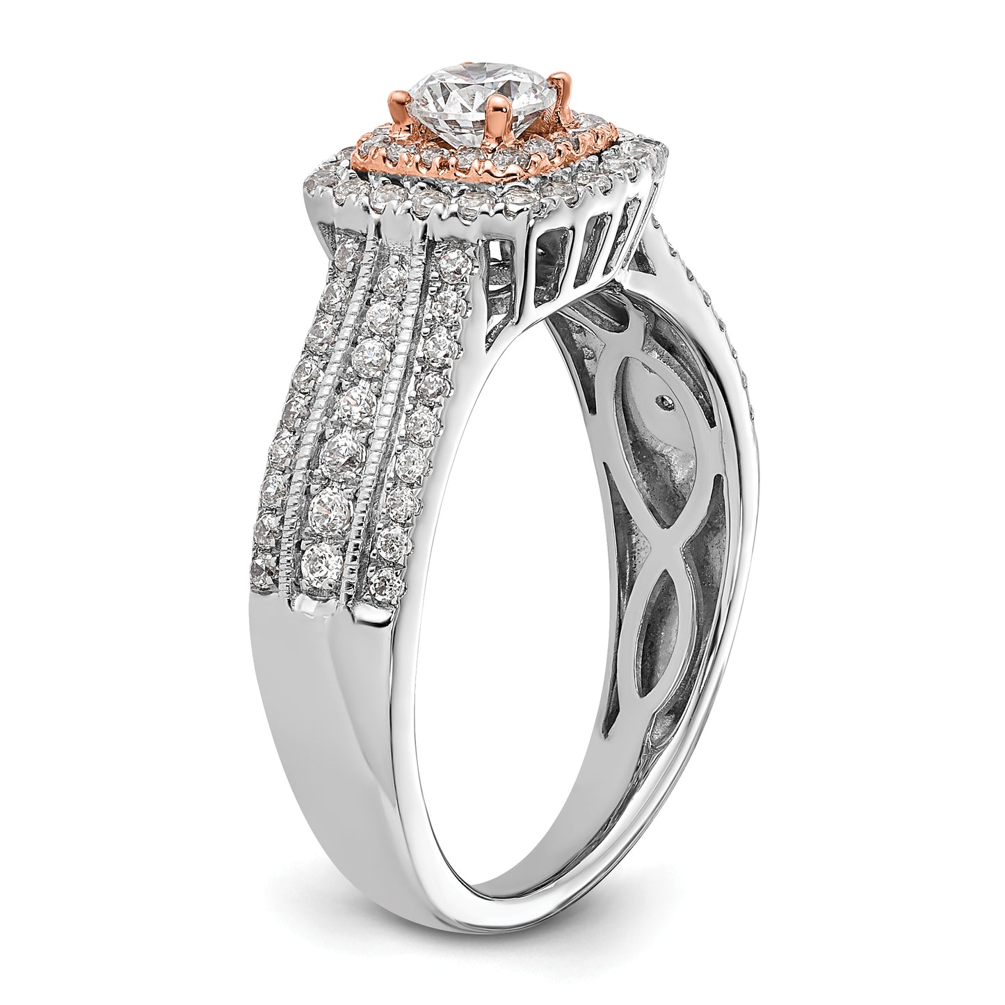 14k Two-Tone Rose and White Gold 7/8 Ct. Lab Grown Diamond VS/SI+ G+ Round Fancy Halo Engagement Ring