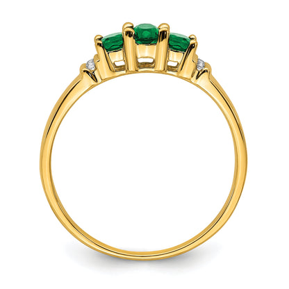 10K Yellow Gold Polished Triple Emerald And Diamond 3-Stone Ring