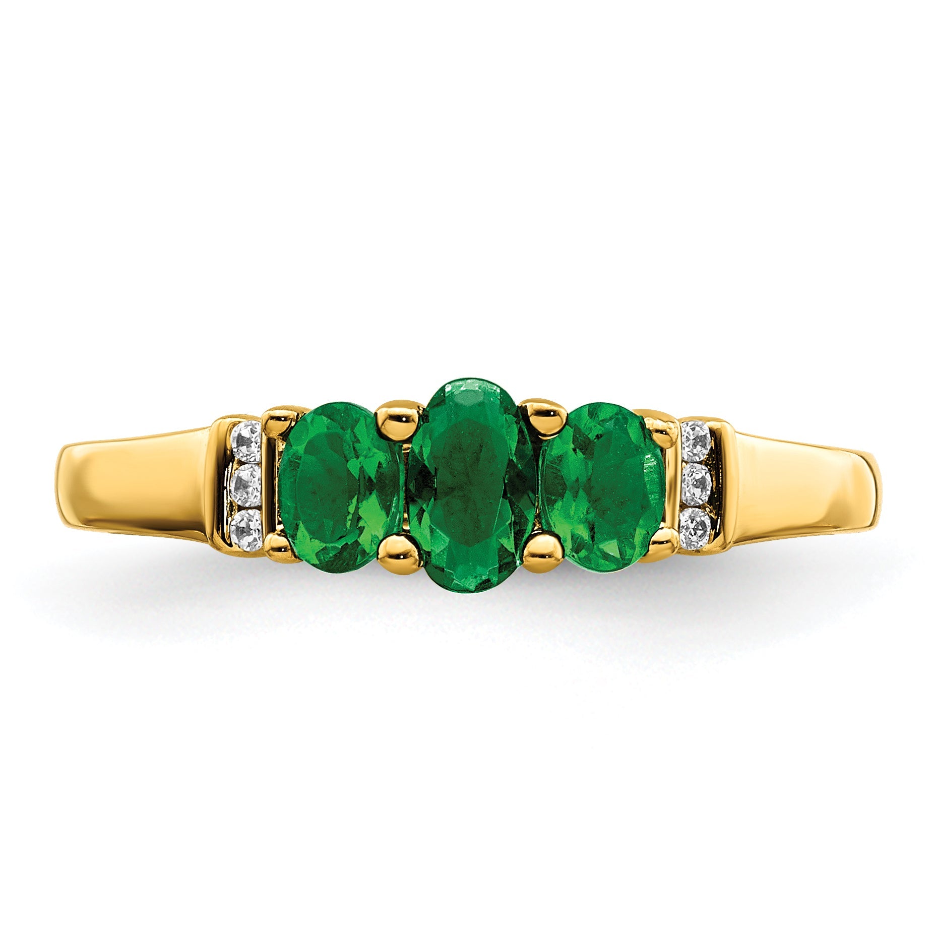 10K Yellow Gold Polished Triple Emerald And Diamond 3-Stone Ring