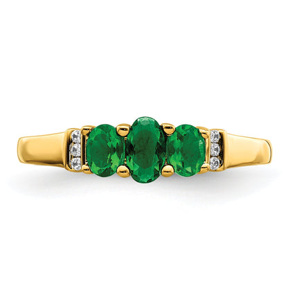 10K Yellow Gold Polished Triple Emerald And Diamond 3-Stone Ring