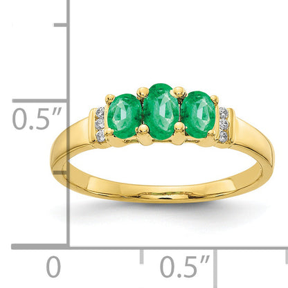 10K Yellow Gold Polished Triple Emerald And Diamond 3-Stone Ring