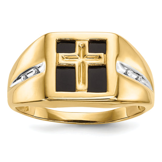 14k Yellow Gold .02 Ct. Lab Grown Diamond VS/SI+ G+ and Onyx Cross Men's Ring