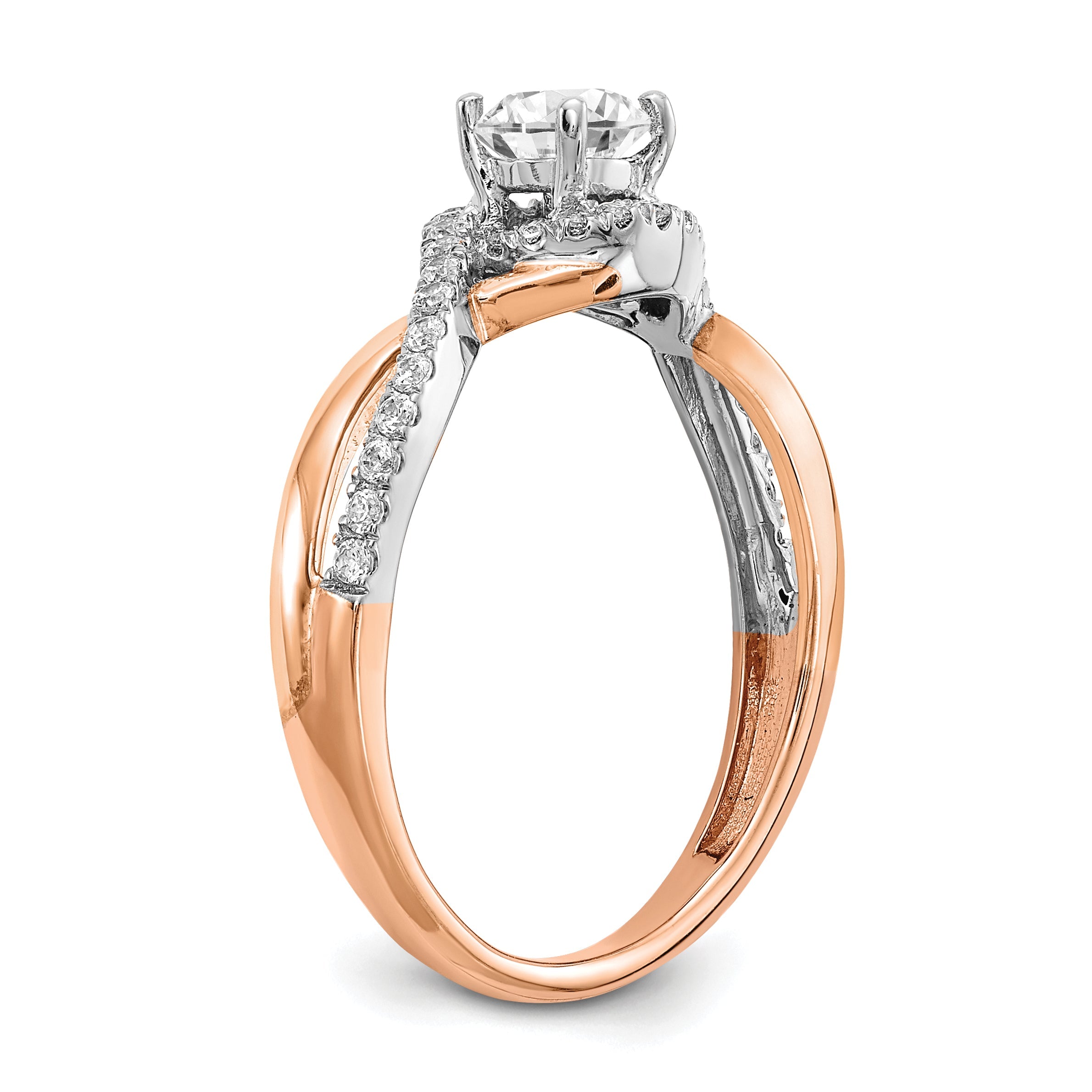 14K Two Tone White And Rose Gold Criss Cross (Holds 3/8 Carat (4.8mm) Round Center) 1/5 Diamond Semi Mount Engagement Ring