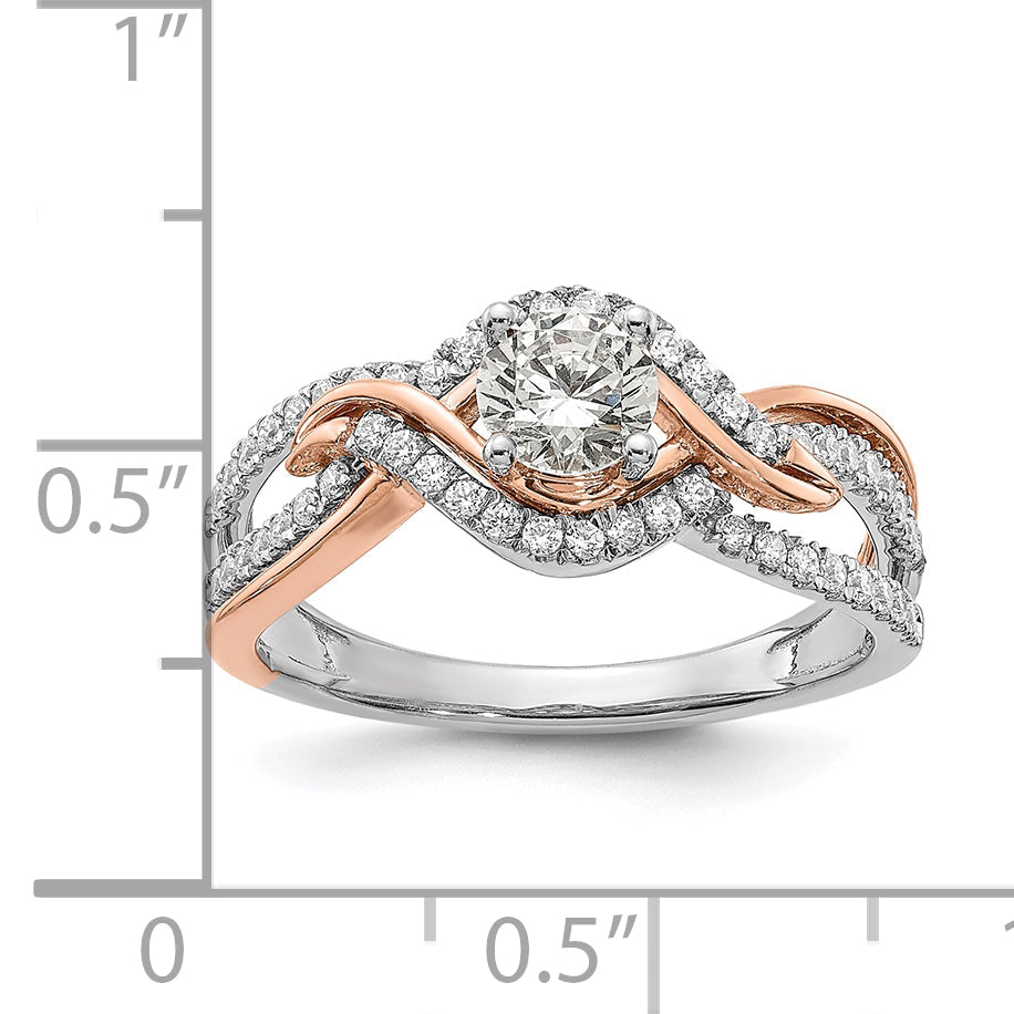 14K Two Tone White And Rose Gold Criss Cross (Holds (1/2 Carat (5.2mm) Round Center) 1/3 Diamond Semi Mount Engagement Ring