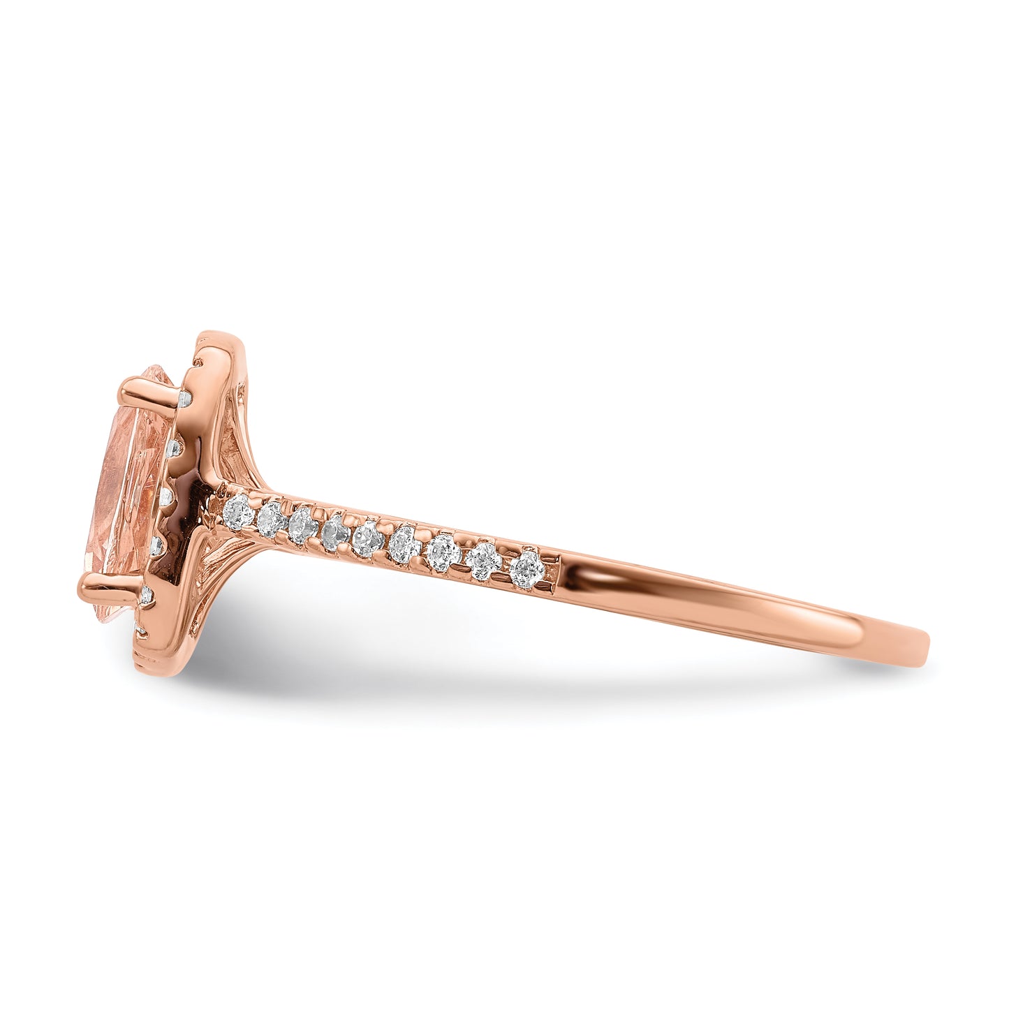 Pure Serenity 14k Rose Gold 1/3 Ct. Lab Grown Diamond VS/SI+ G+ and Long Cushion Morganite Halo Engagement Ring