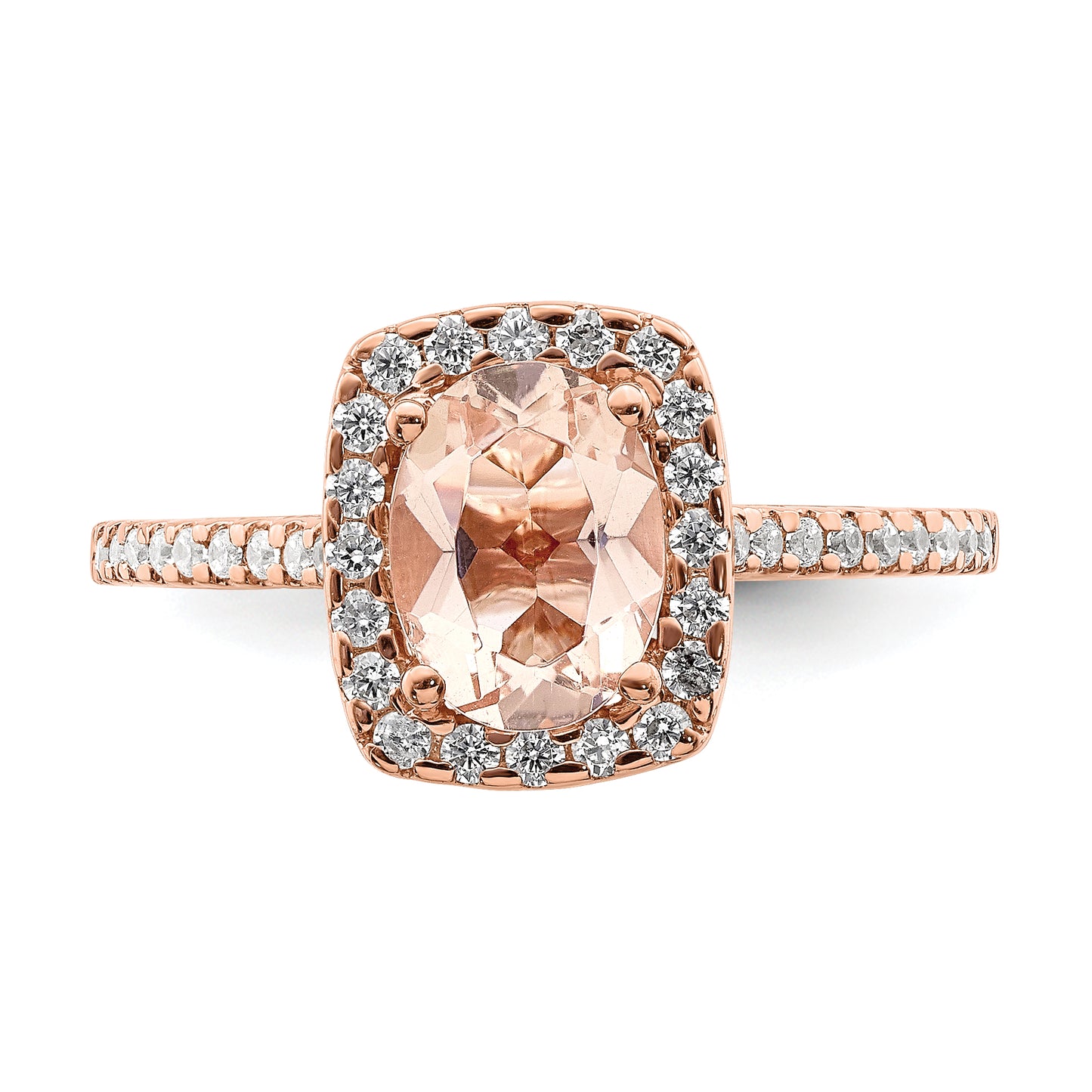 Pure Serenity 14k Rose Gold 1/3 Ct. Lab Grown Diamond VS/SI+ G+ and Long Cushion Morganite Halo Engagement Ring