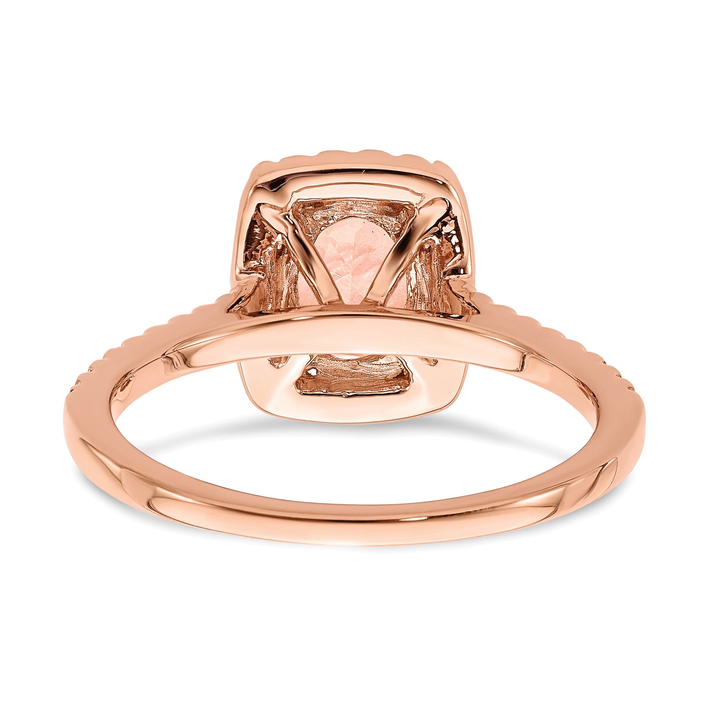 Pure Serenity 14k Rose Gold 1/3 Ct. Lab Grown Diamond VS/SI+ G+ and Long Cushion Morganite Halo Engagement Ring