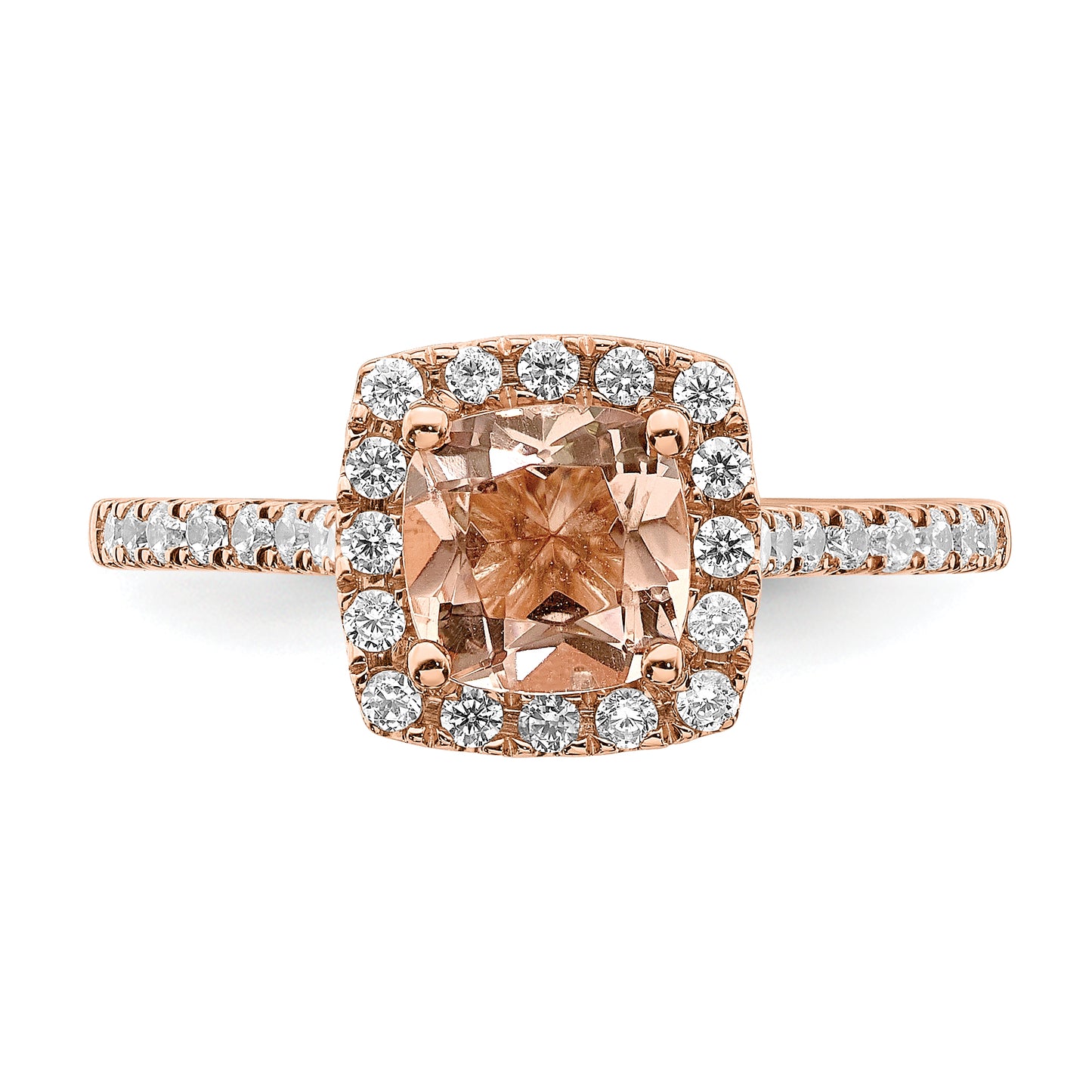 Pure Serenity 14k Rose Gold 1/4 Ct. Lab Grown Diamond VS/SI+ G+ and Cushion Morganite Halo Engagement Ring