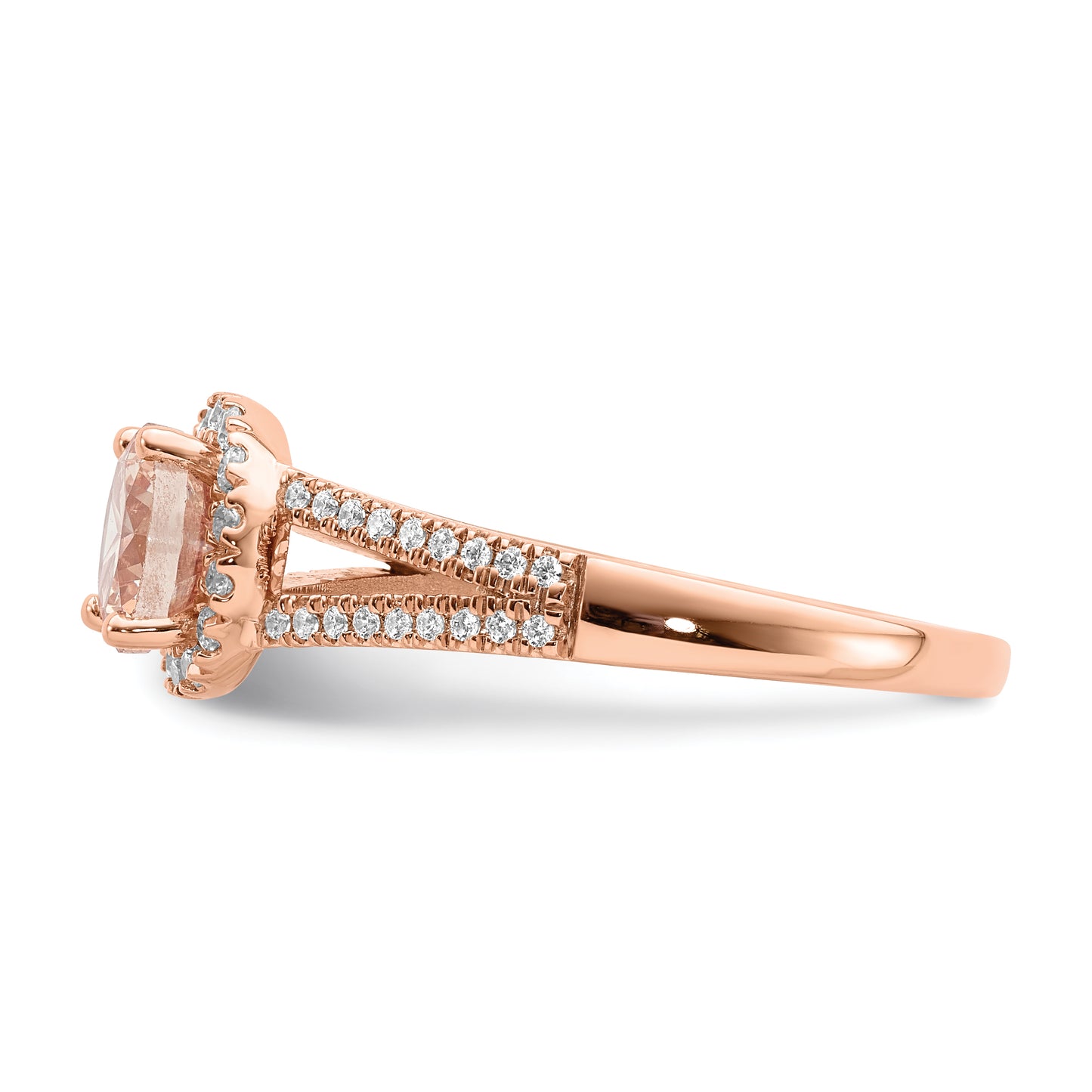 Pure Serenity 14k Rose Gold 1/4 Ct. Lab Grown Diamond VS/SI+ G+ and Round Morganite Halo Engagement Ring