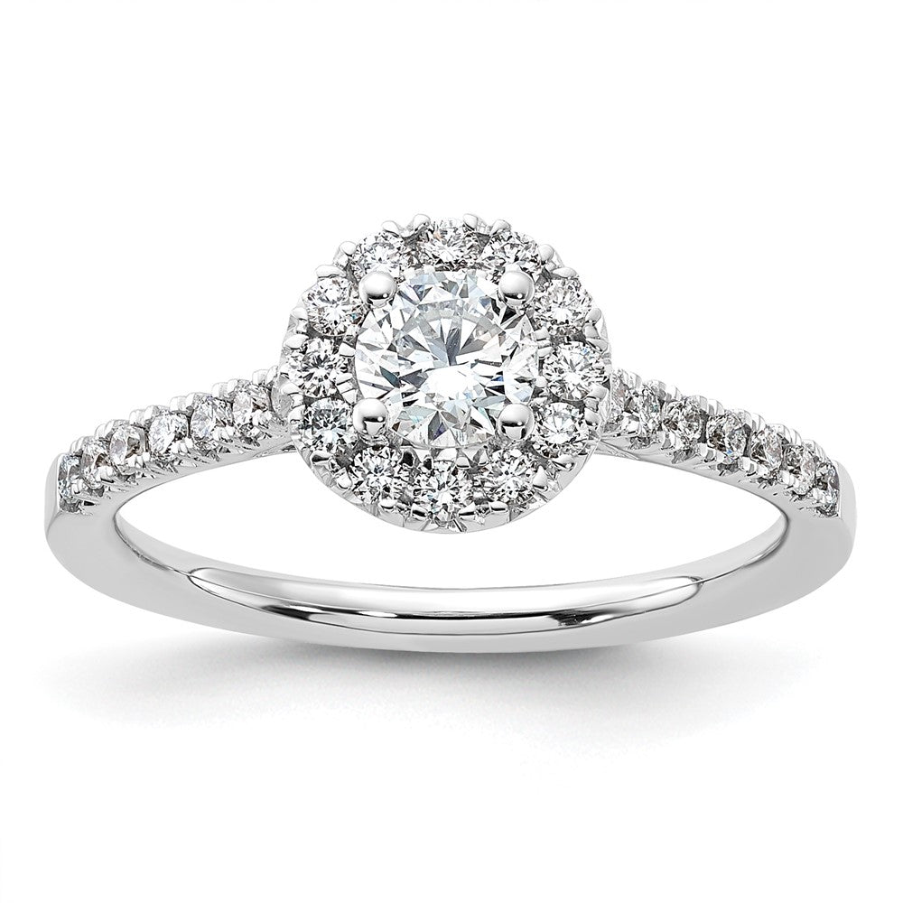 14K White Gold 3/4 Carat Lab Grown Diamond Vs/Si+ G+ Round Complete Halo Engagement Ring