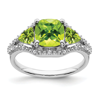 10K White Gold 3 Stone Peridot And Diamond Ring