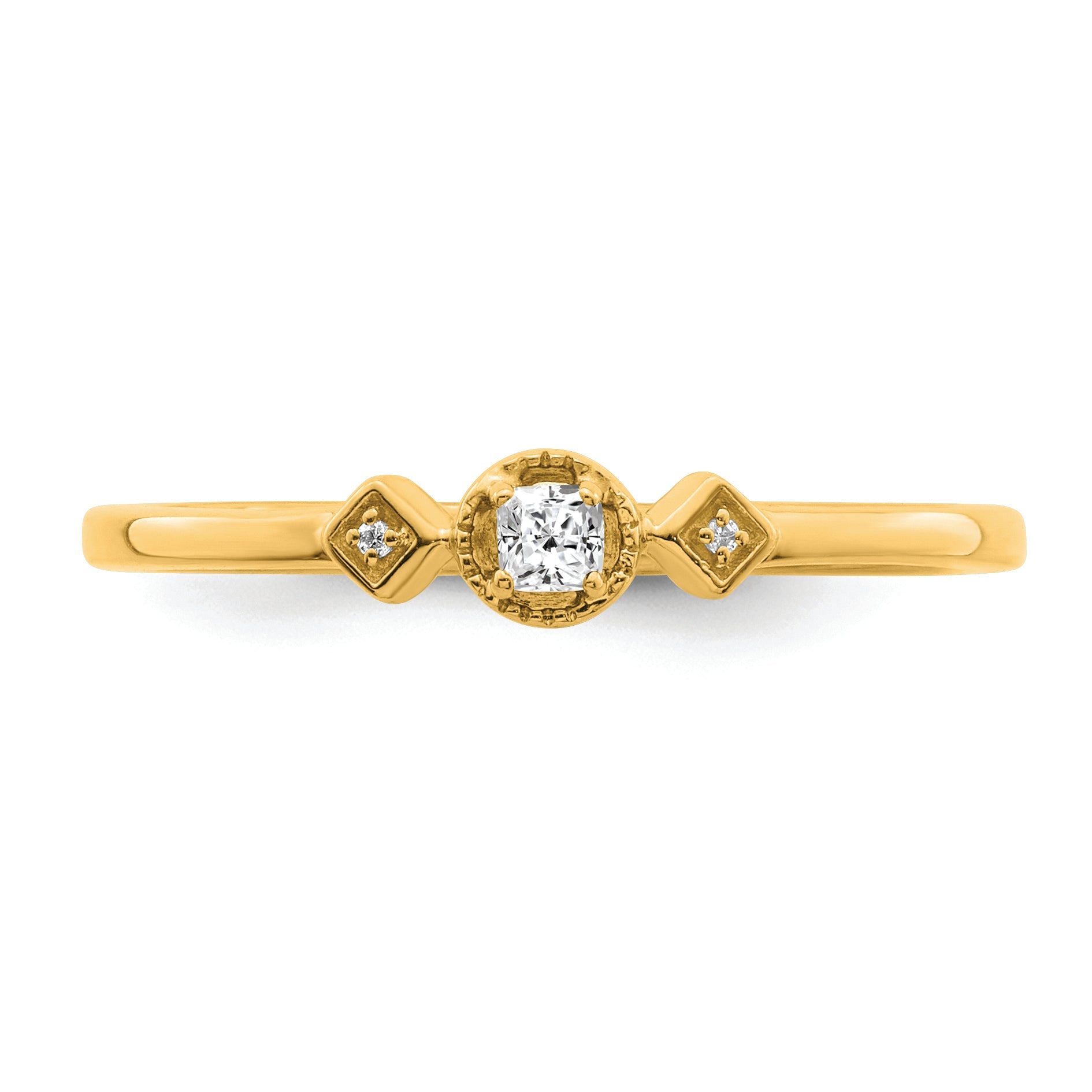 14K Yellow Gold Beaded Edge Petite 3 Stone 1/15 Carat Cushion Diamond Complete Promise/Engagement Ring