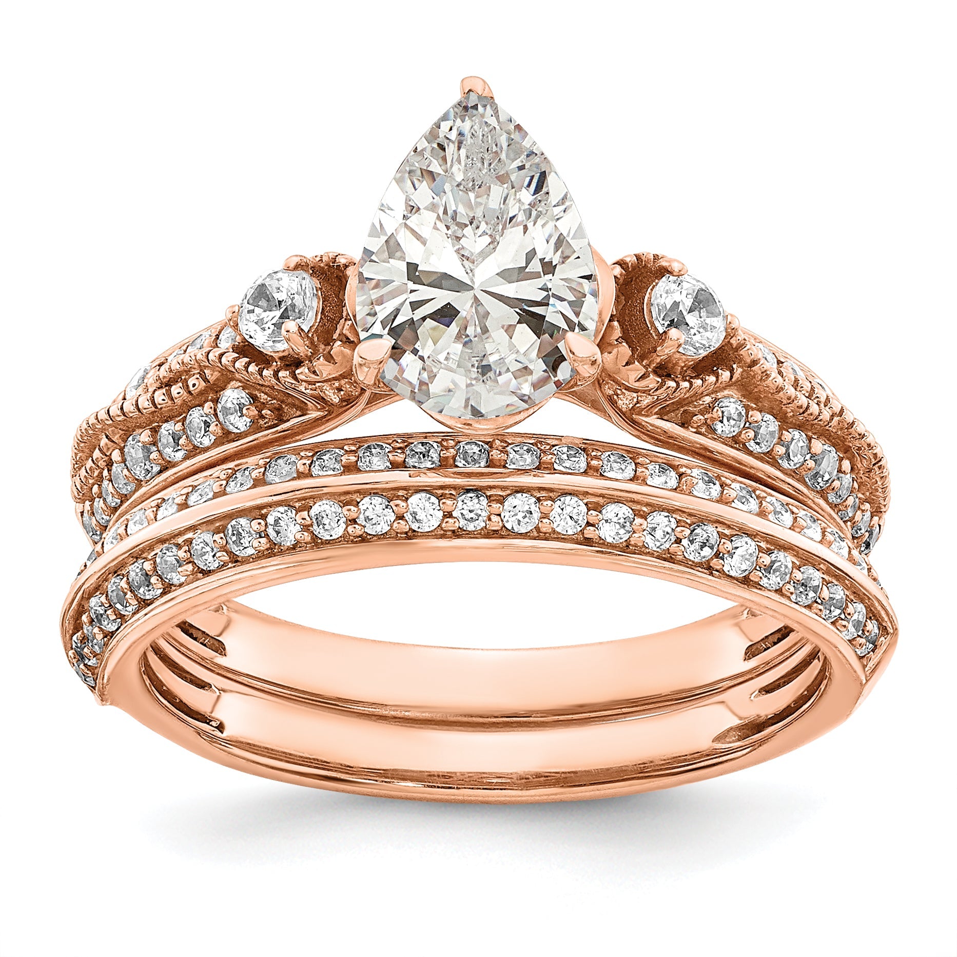 14K Rose Gold (Holds 1 Carat (8.00X6.1mm) Pear Center) 1/4 Diamond Semi Mount Engagement Ring