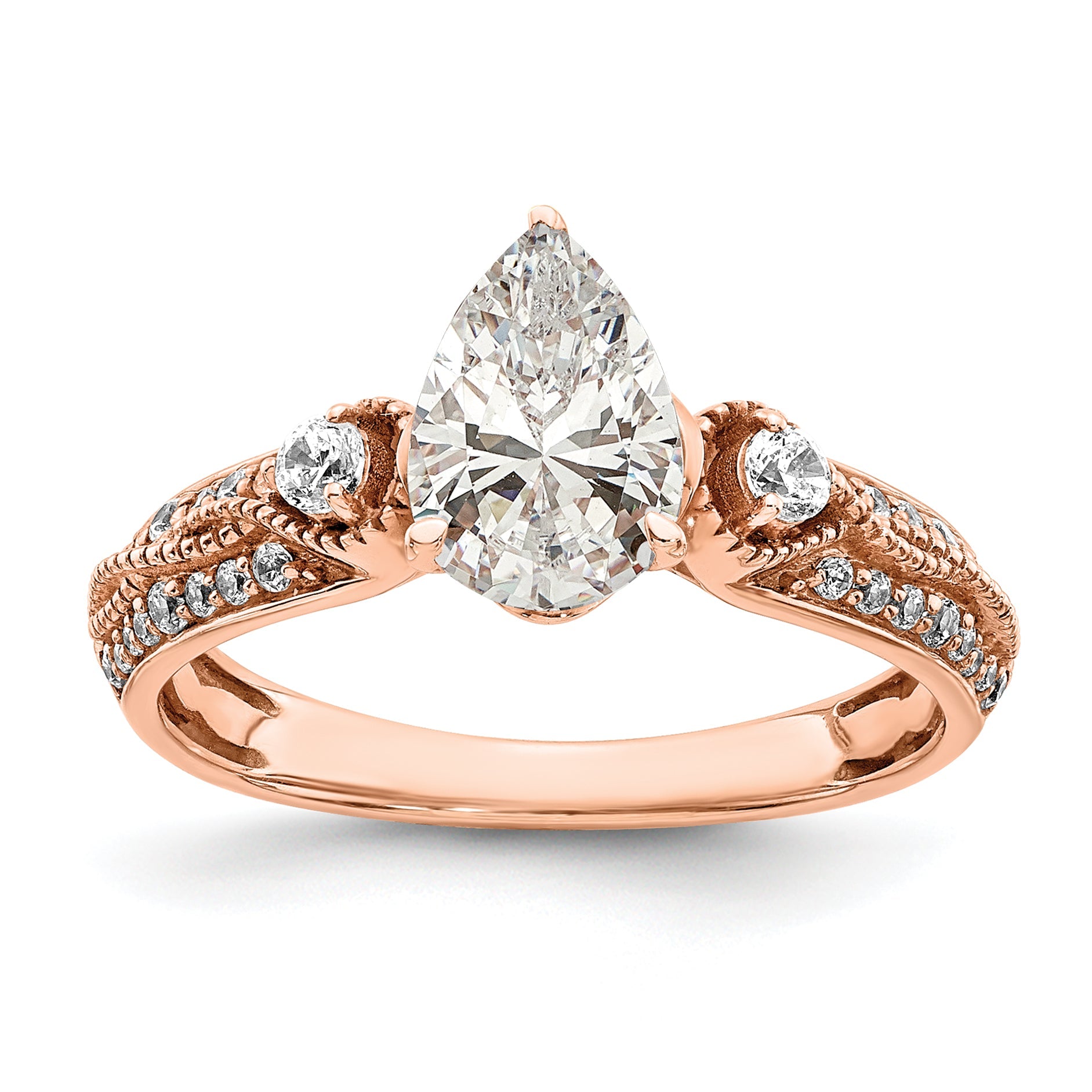 14K Rose Gold (Holds 1 Carat (8.00X6.1mm) Pear Center) 1/4 Diamond Semi Mount Engagement Ring
