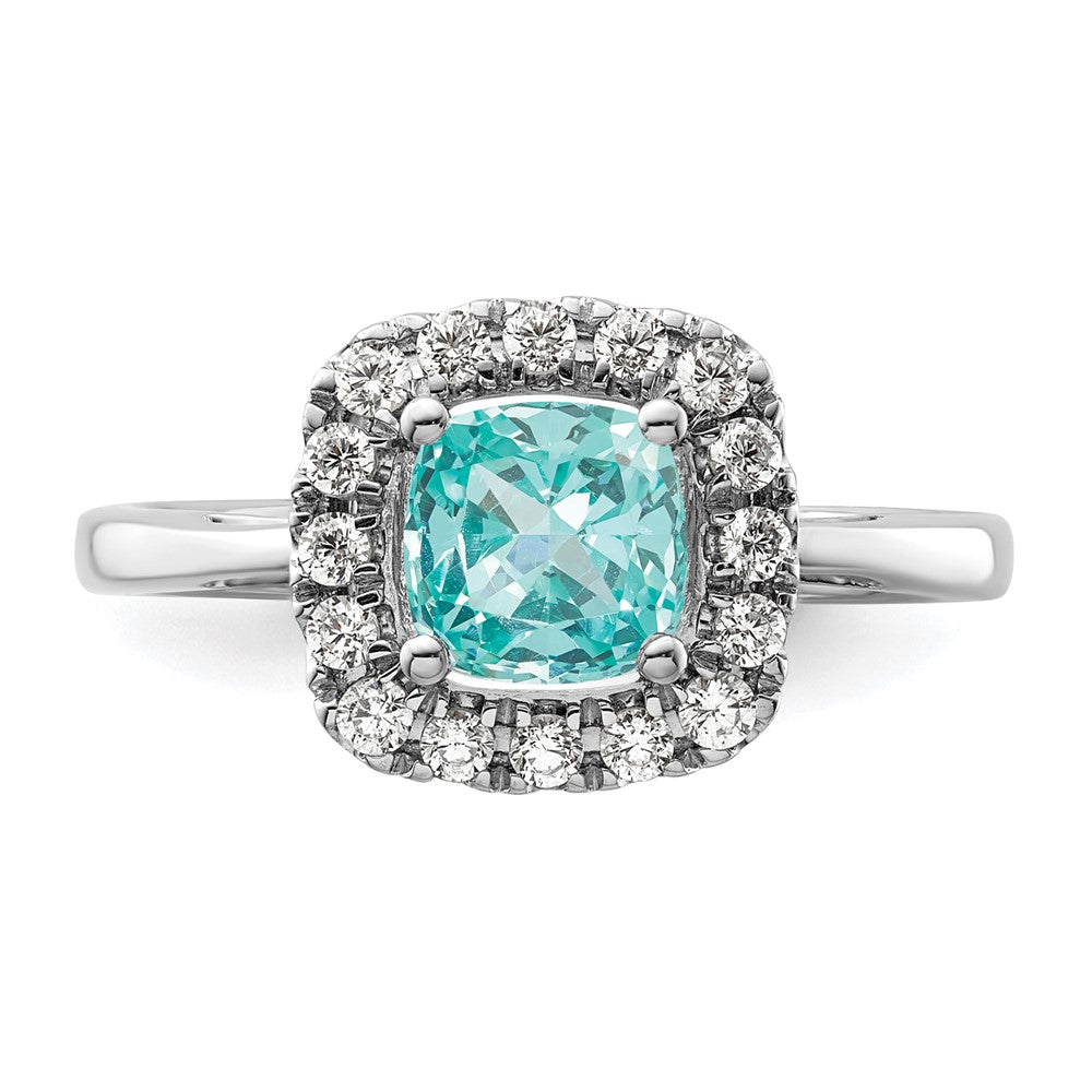 Pure Serenity 14k White Gold 1/4 Ct. Lab Grown Diamond VS/SI+ G+ and Halo Lab Created Paraiba Ring