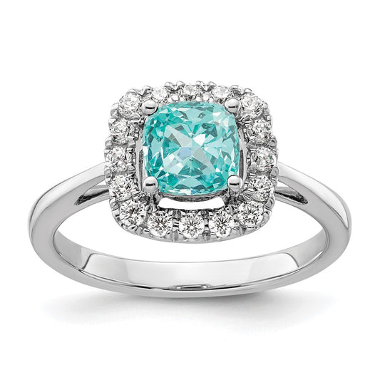 Pure Serenity 14k White Gold 1/4 Ct. Lab Grown Diamond VS/SI+ G+ and Halo Lab Created Paraiba Ring